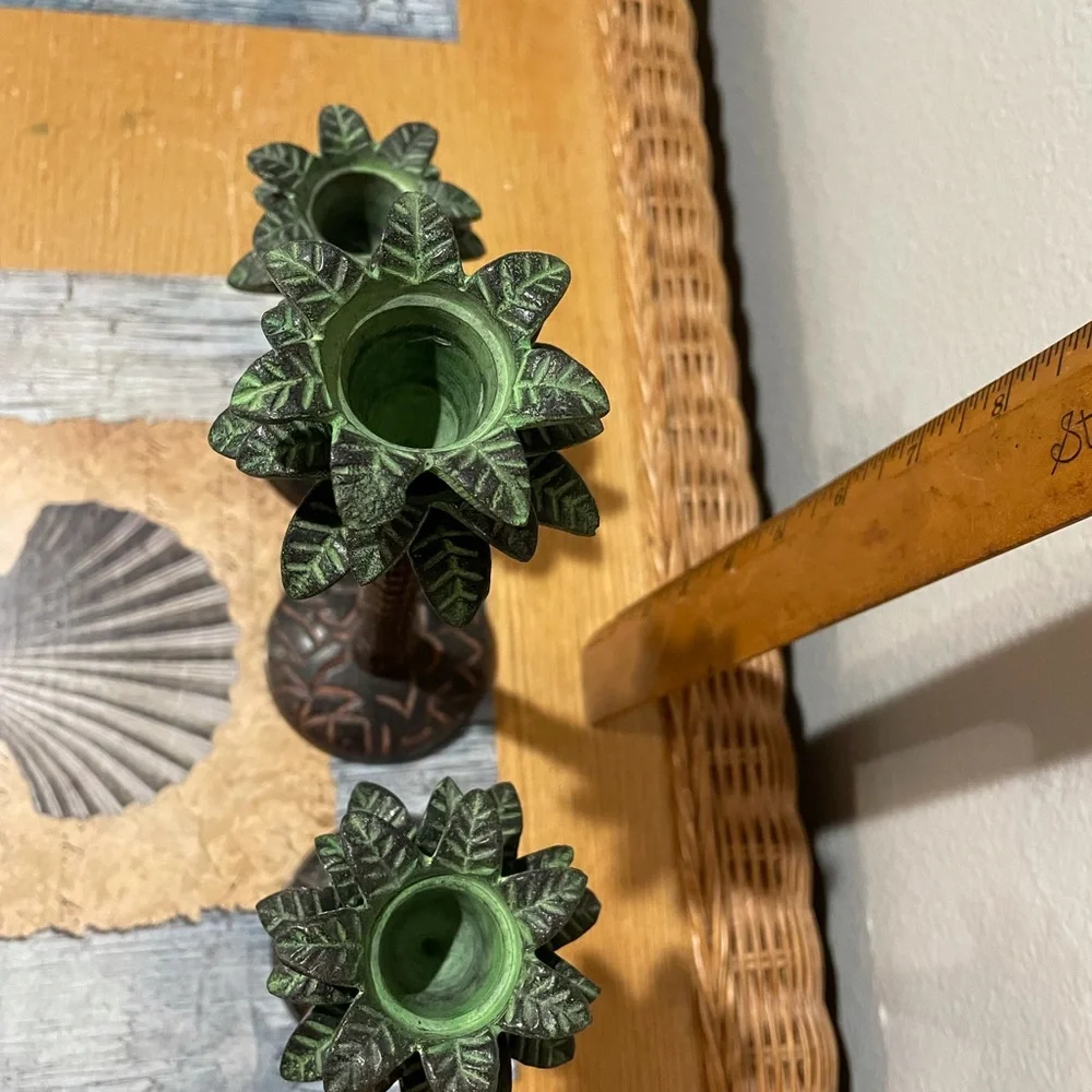 Vintage Bronze Palm Tree Candlestick Holders Set of 3 Tropical Verdigris Decor